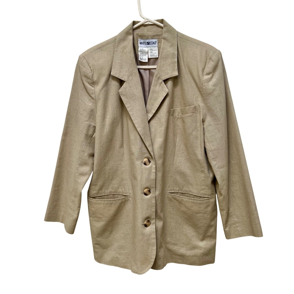 White Stag Tan Linen Cotton Blend Blazer Vintage Khaki Button Up Jacket 12